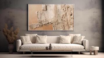 a white sofa in front of a wall with wooden frame, photo