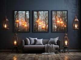 Mock-up poster in dark interior background , Mockups Design 3D, High-quality Mockups, photo