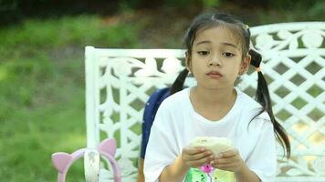 pequeno ásia menina comendo banana dentro a parque. seletivo foco. video