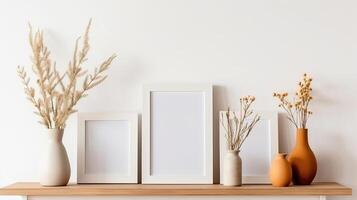 un blanco sofá en frente de un pared con de madera marco, generativo ai foto