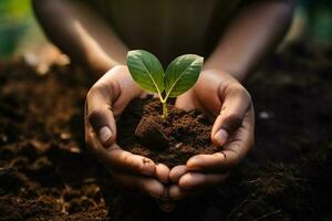 Hand tenderly holding a heart shaped patch of soil, Ai Generative photo