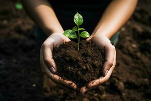 Hand tenderly holding a heart shaped patch of soil, Ai Generative photo