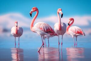 Graceful Flamingos Wading in Caribbean Waters  Tropical Wildlife Birds, Ai Generative photo