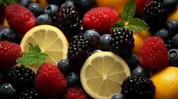 delicioso y nutritivo vistoso verano frutas a el agricultores' mercado, ai generativo foto