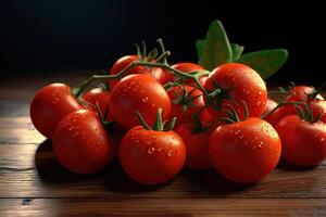 Close-up of fresh, ripe tomatoes on wood background AI Generated photo