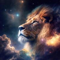 Lion in the night sky with clouds and stars AI Generated photo