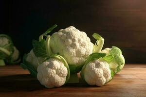 Beautiful cauliflowers with green leaves AI Generated photo