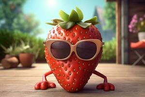 gracioso dibujos animados fresa vistiendo Gafas de sol ai generado foto