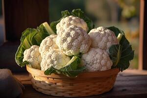 Fresh and healthy cauliflower in a basket AI Generated photo