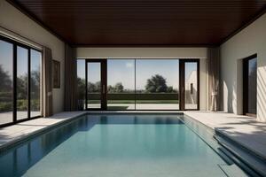 A Large Indoor Swimming Pool With Sliding Glass Doors. AI Generated photo