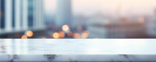 White marble table top and blurred abstract background from photo