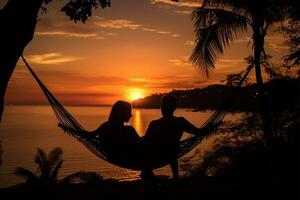 silueta de joven Pareja relajante en hamaca en tropical playa a puesta de sol ai generado foto