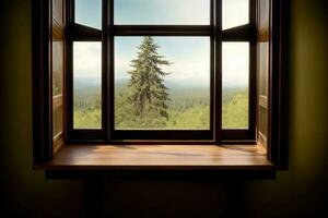 un ventana con un ver de un pino árbol. ai generado foto