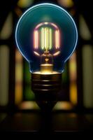 A Lit Up Light Bulb In Front Of A Stained Glass Window. AI Generated photo