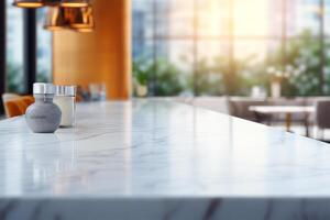 White marble table top and blurred abstract background from photo
