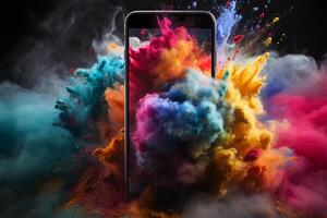 Smartphone pub concept Powerful explosion of powder explosion dust, holi AI Generated photo