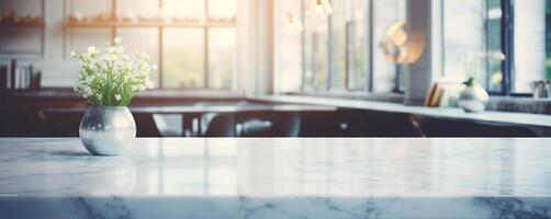 White marble table top and blurred abstract background from photo