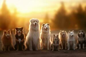 conjunto de perros, diferente tamaños y razas al aire libre a puesta de sol ai generado foto