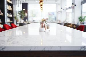 White marble table top and blurred abstract background from photo