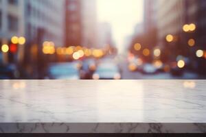 White marble table top and blurred abstract background from photo