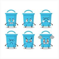 Blue bucket cartoon character with various angry expressions vector