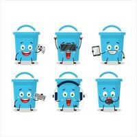 Blue bucket cartoon character are playing games with various cute emoticons vector