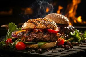 Hamburger hot spices grilled on bbq fire flame grill  AI Generated photo