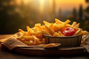 francés papas fritas con salsa de tomate. ai generado foto