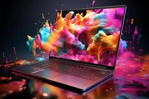 Laptop Trendy liquid style shapes abstract design, dynamic smartphone pub concept photo