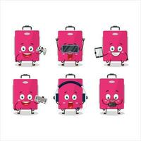 Pink lugage cartoon character are playing games with various cute emoticons vector