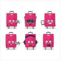 Pink lugage cartoon character are playing games with various cute emoticons vector