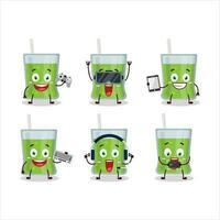 Green apple juice cartoon character are playing games with various cute emoticons vector