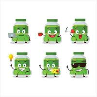 Pesto bottle cartoon character with various types of business emoticons vector