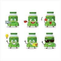 pesto botella dibujos animados personaje con varios tipos de negocio emoticones vector