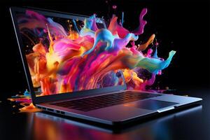 Laptop Trendy liquid style shapes abstract design, dynamic smartphone pub concept photo
