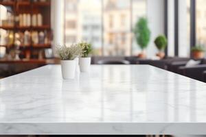 White marble table top and blurred abstract background from photo