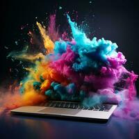 Laptop with blank screen Powerful explosion of powder explosion dust, holi AI Generated photo
