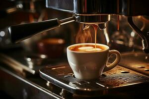 café máquina haciendo un caliente bebida en café bar a el Mañana ai generado foto