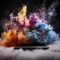 Laptop with blank screen Powerful explosion of powder explosion dust, holi AI Generated photo