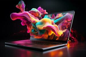 Laptop Trendy liquid style shapes abstract design, dynamic smartphone pub concept AI Generated photo