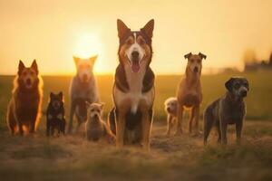 Set of dogs, diffrent sizes and breeds outdoor at sunset AI Generated photo