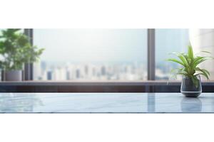 White marble table top and blurred abstract background from photo