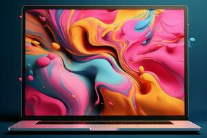 Laptop Trendy liquid style shapes abstract design, dynamic smartphone pub concept AI Generated photo