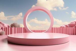 Pink podium and clouds in the blue sky, 3d rendering AI generated photo