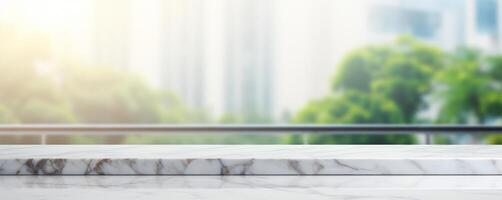 White marble table top and blurred abstract background from photo