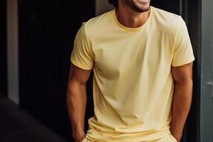 Cropped image of handsome young man in yellow t-shirt standing outdoors AI Generated photo