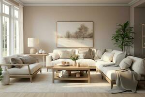 Living room interior with sofa and coffee table. 3d render AI generated photo