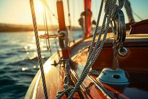 Sailing yacht in the sunset light. Close-up of the bow and sails AI Generated photo