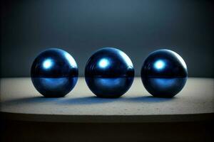 Tres brillante azul pelotas sentado en parte superior de un mesa. ai generado foto