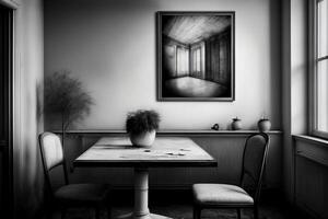 A Black And White Photo Of A Dining Room. AI Generated